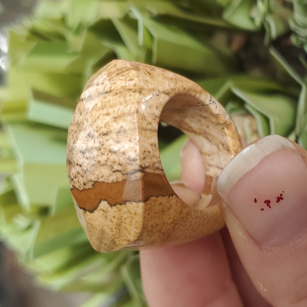 New Carved Faceted Natural Picture Jasper Ring.